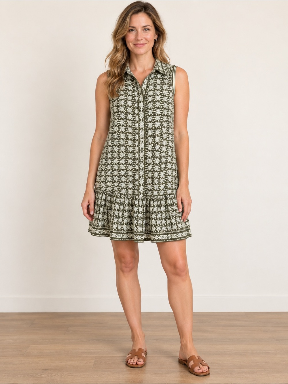 NWT Max Studio London Olive Print Sleeveless Shirt Dress Small
